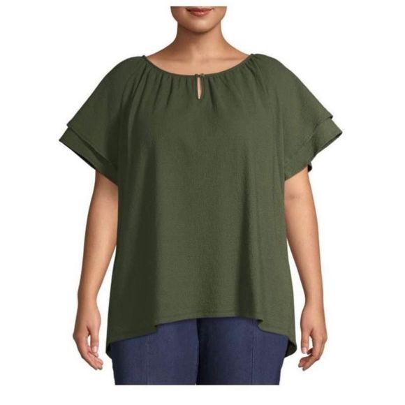 Terra‎ & Sky Forest Green Textured Ruffle Sleeve Peasant Top Comfy Spring NWT - Picture 1 of 6